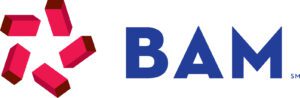 BAM logo with red geometric design.